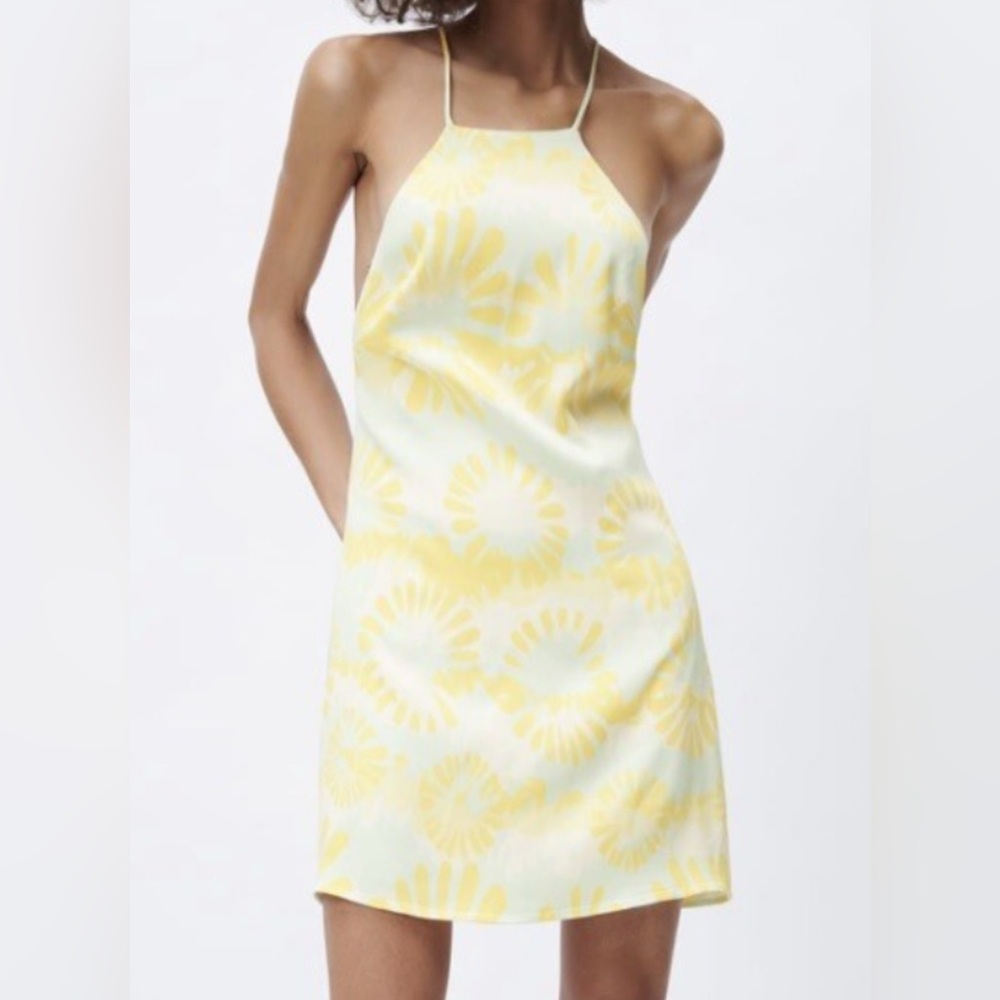 Zara Silk Yellow and Blue  Halter Dress